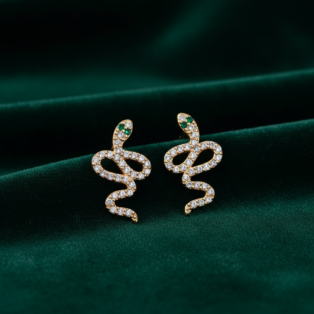 Aretes serpiente con zirconias sobre terciopelo verde