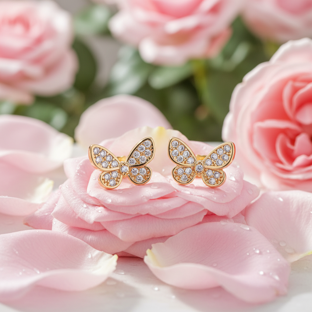 Aretes mariposa sobre pétalos de rosa